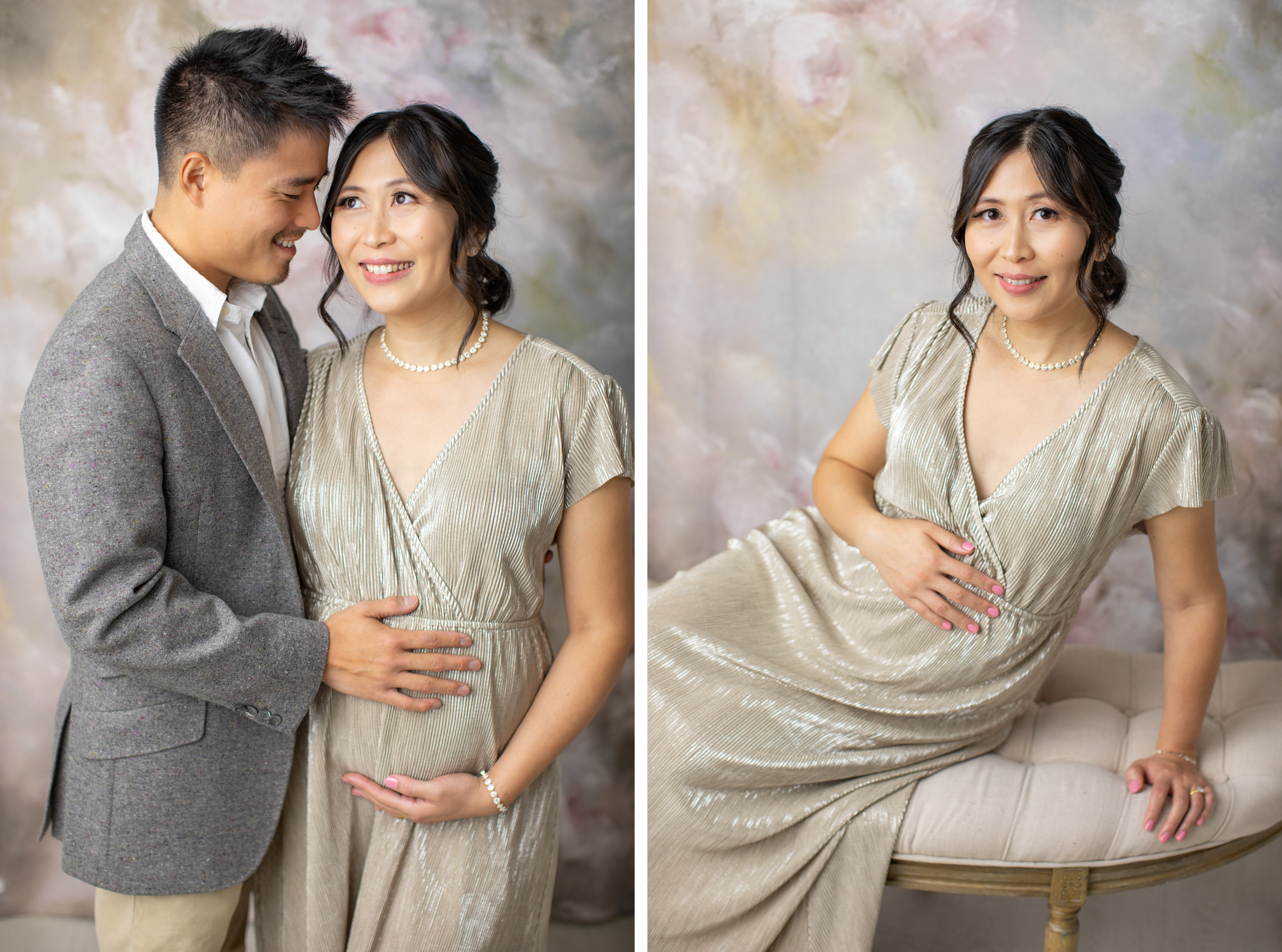 Gold maternity gown fromBaltic Born on floral background