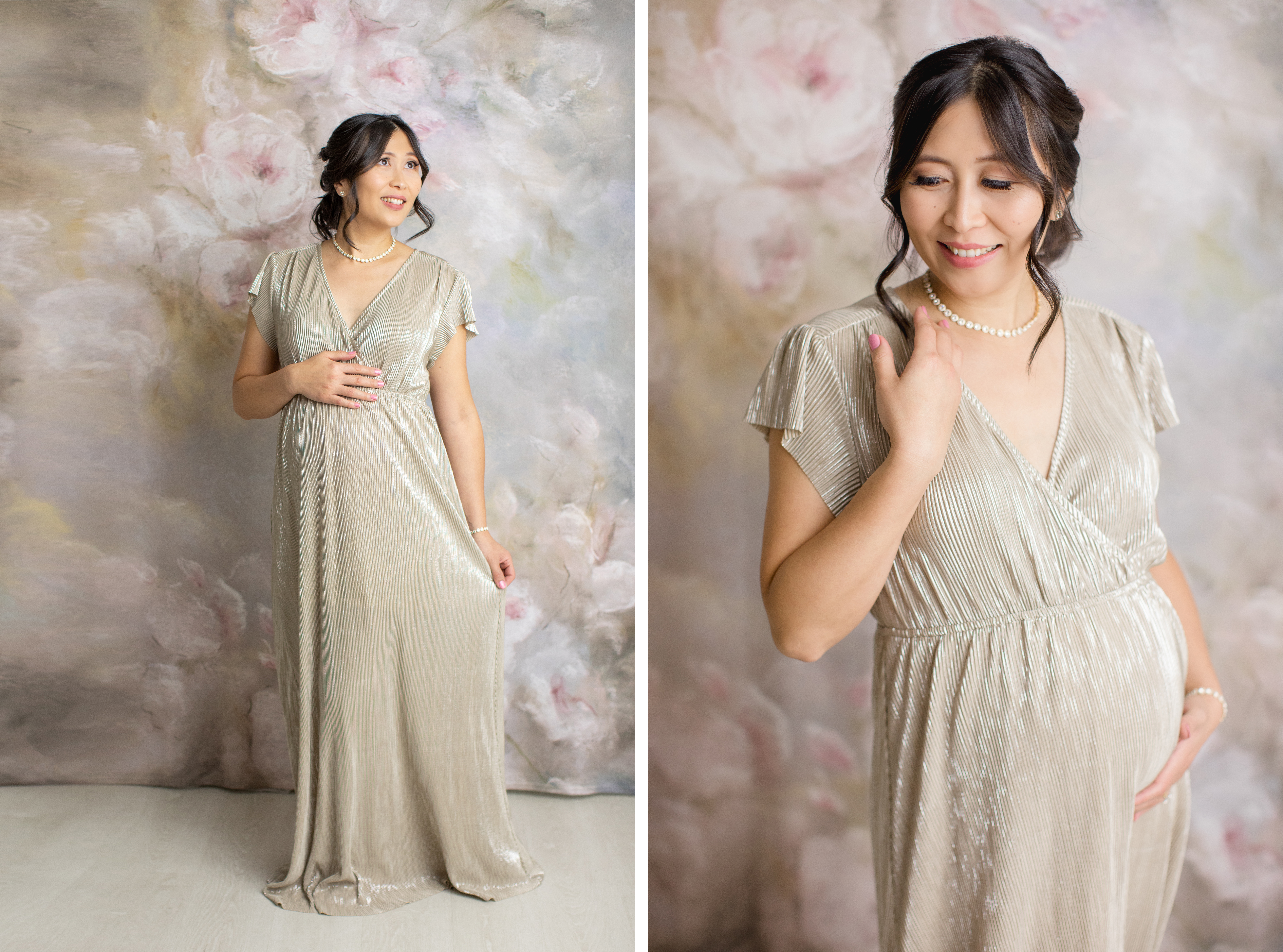 Baltic born athena dress in gold on floral backdrop maternity photos