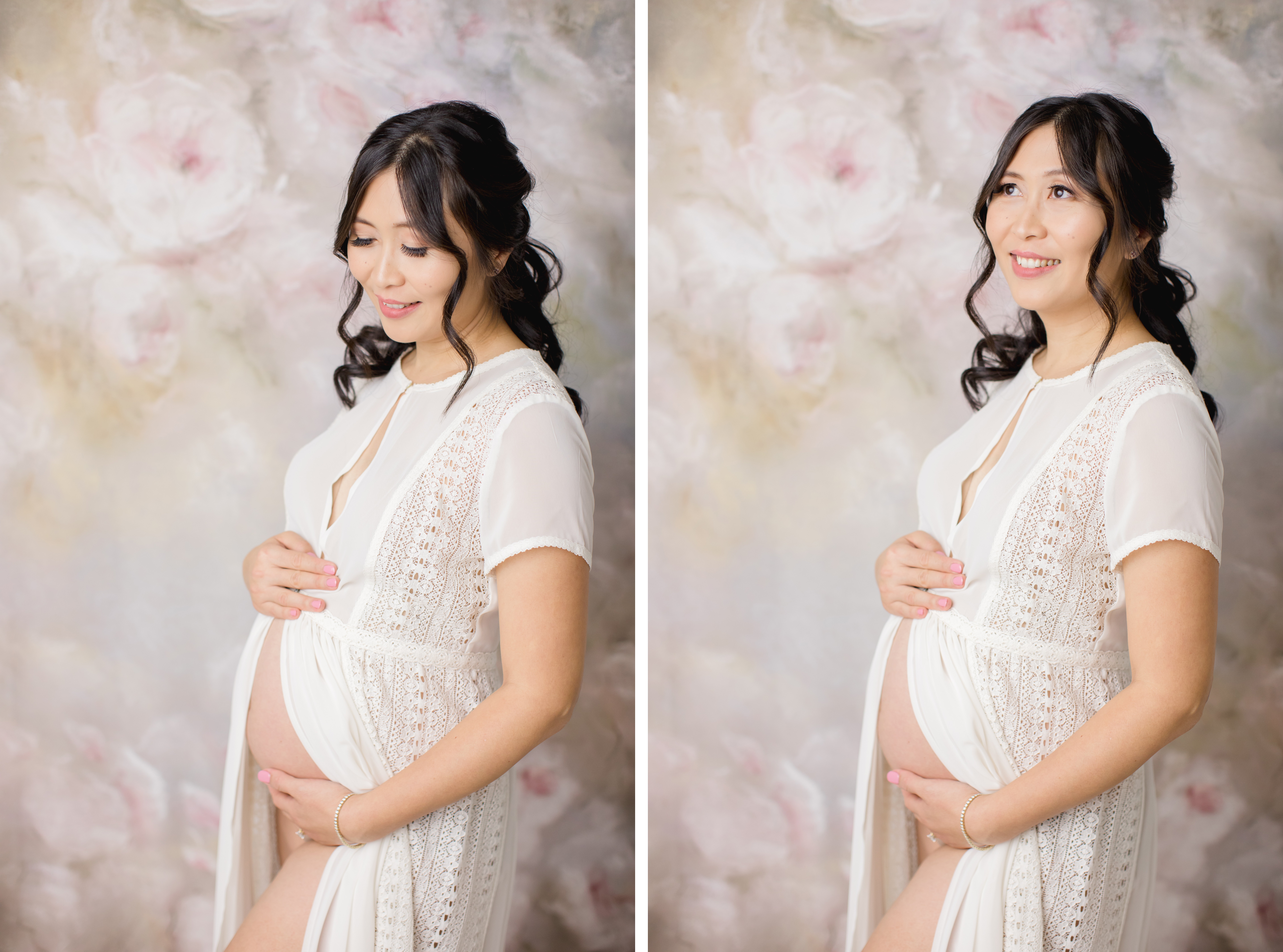 Intimate maternity portraits on floral background in reno sparks portrait studio.